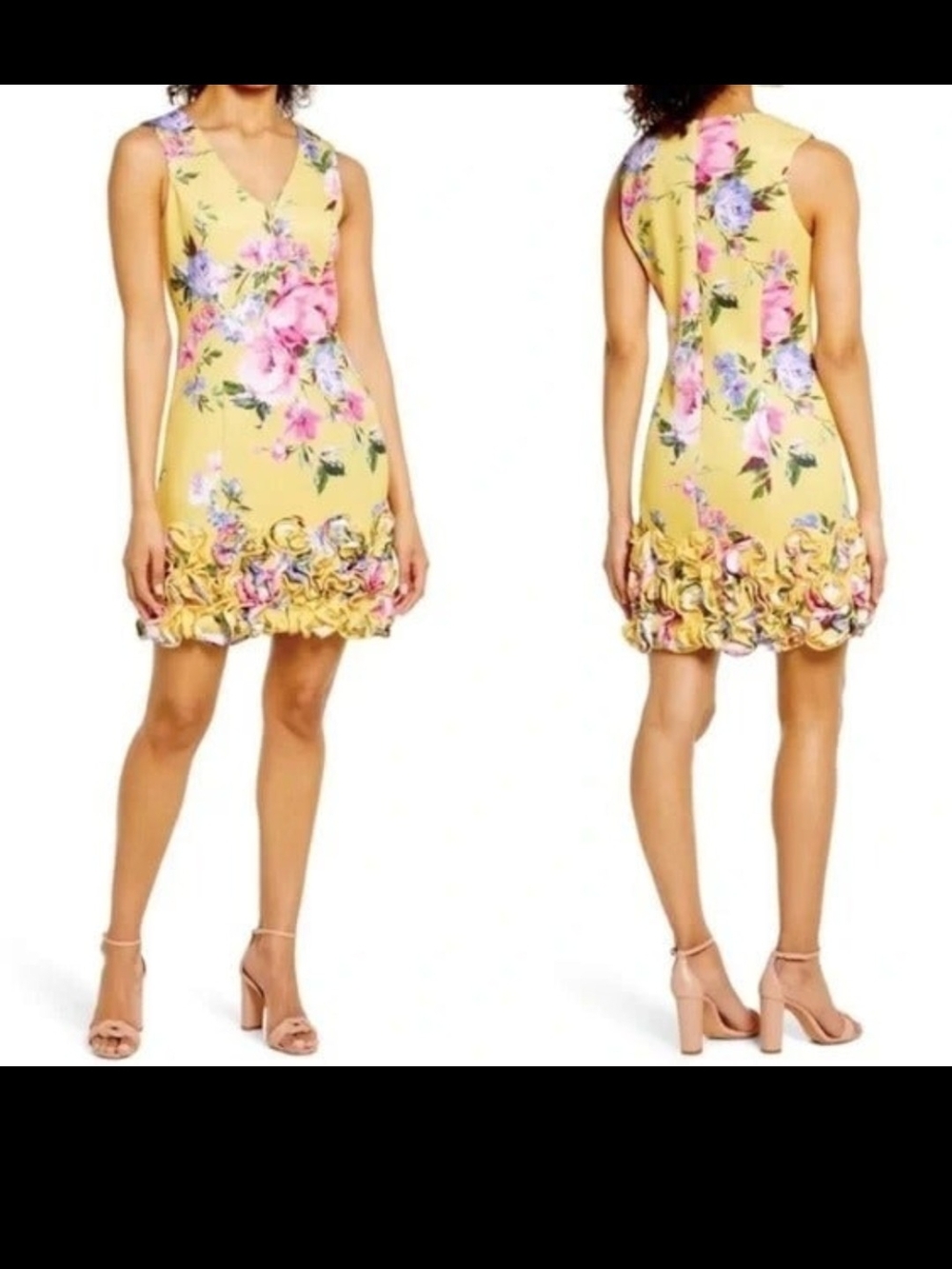 Donna Ricco Yellow Floral V-Neck Ruffle Hem Mini Dress